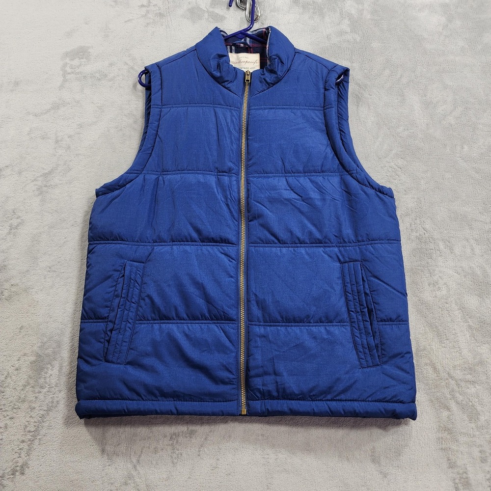 Weatherproof Vintage Vest Mens L Blue Quilted Full Zip Puffer Plaid Lined Casual